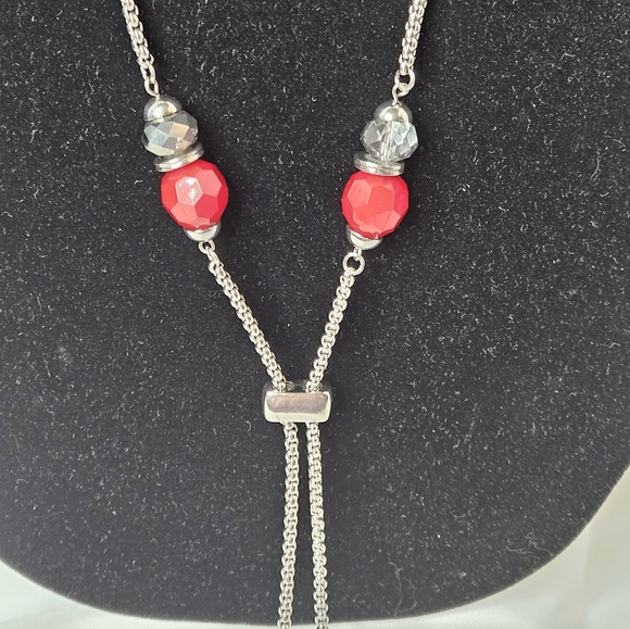 Vintage 80s Jules Long Necklace Lariet Style Red Beads & Smokey Quartz Crystals - Picture 13 of 16